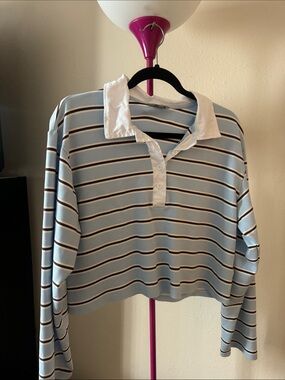 Light Blue Striped Polo Crop Top